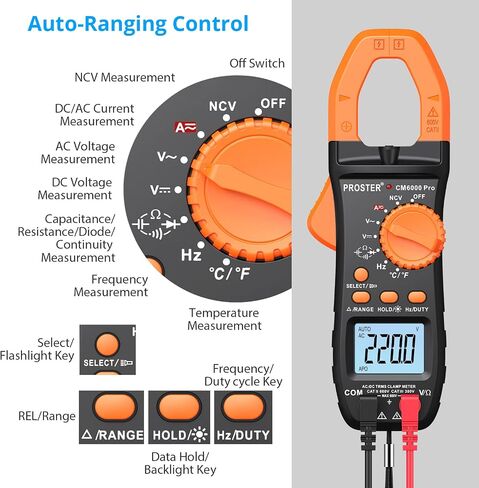 Proster Digital Clamp Meter TRMS 6000counts، 800A DC AC الحالي AC / DC الجهد NCV استمرارية السعة المقاومة تردد الصمام الثنائي هرتز اختبار، مع 1 زوج يؤدي اختبار 1 زوج مقاطع التمساح in Kuwait