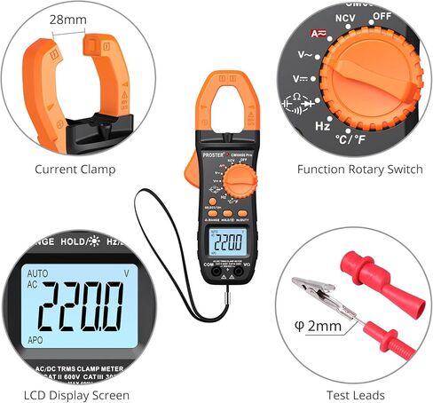 Proster Digital Clamp Meter TRMS 6000counts، 800A DC AC الحالي AC / DC الجهد NCV استمرارية السعة المقاومة تردد الصمام الثنائي هرتز اختبار، مع 1 زوج يؤدي اختبار 1 زوج مقاطع التمساح in Kuwait