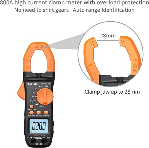 Proster Digital Clamp Meter TRMS 6000counts، 800A DC AC الحالي AC / DC الجهد NCV استمرارية السعة المقاومة تردد الصمام الثنائي هرتز اختبار، مع 1 زوج يؤدي اختبار 1 زوج مقاطع التمساح in Kuwait