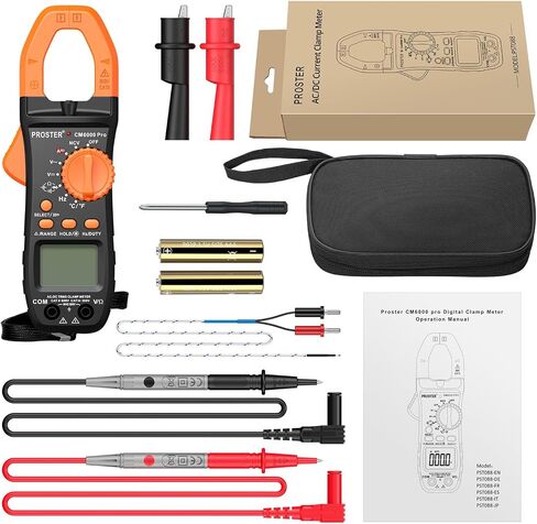 Proster Digital Clamp Meter TRMS 6000counts، 800A DC AC الحالي AC / DC الجهد NCV استمرارية السعة المقاومة تردد الصمام الثنائي هرتز اختبار، مع 1 زوج يؤدي اختبار 1 زوج مقاطع التمساح in Kuwait