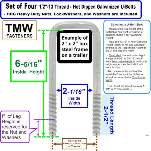 (4) HDG Hot Dipped Galvanized Square U-Bolt Boat Trailer U Bolt Ubolt 1/2" D x 2 1/16" W x 6 5/16" L in Kuwait