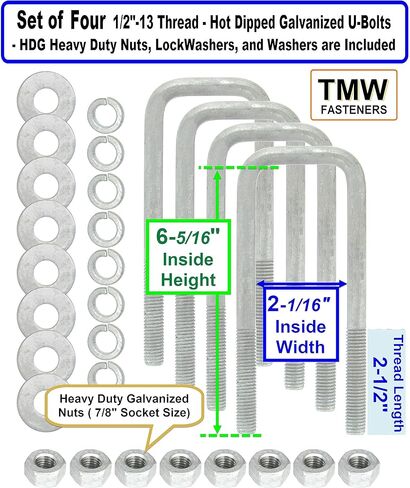 (4) HDG Hot Dipped Galvanized Square U-Bolt Boat Trailer U Bolt Ubolt 1/2" D x 2 1/16" W x 6 5/16" L in Kuwait
