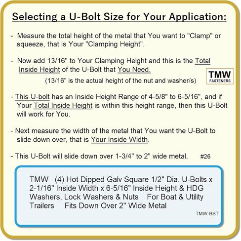 (4) HDG Hot Dipped Galvanized Square U-Bolt Boat Trailer U Bolt Ubolt 1/2" D x 2 1/16" W x 6 5/16" L in Kuwait