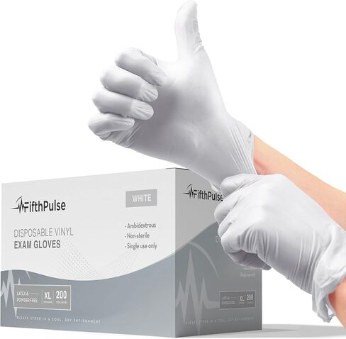 قفازات فيفث بالس باللون الأبيض والوردي للاستعمال مرة واحدة من الفينيل، 200 قطعة - قفازات فحص طبي خالية من البودرة واللاتكس in Kuwait