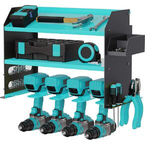 Drill Storage Rack，Power Tool Organizer Drill Holder Wall Mount， Drill Organizer for Garage, Workshop,Drill Bit Storage Shlef, Holds 4 Drills with Screws Box