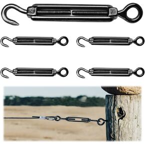 Muzata 5Pack M4 Black Hook and Eye Turnbuckle for Cable Wire Rope Tension Heavy Duty for String Light Picture DIY Hanging Tension Wire Kit Stainless Steel CN09