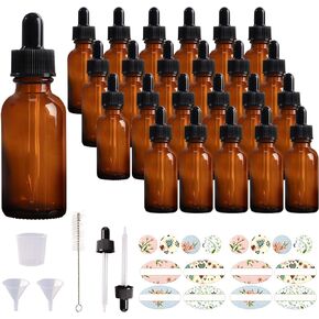 24 Pack 1oz Amber Glass Bottles with Glass Eye Droppers for Essential Oils, Perfumes & Lab Chemicals (Brush, Funnels, 2 Extra Droppers, 36 Pieces Labels & 30ml Measuring Cup Included)