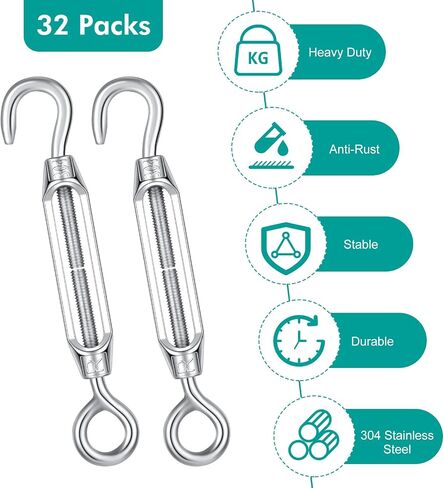 Hicarer 32 Pieces 4mm Hook and Eye Turnbuckle for Cable Wire Rope Tension, 304 Stainless Steel Turnbuckle Cable Tensioner Cable Tightener Wire Tightener for DIY String Light Picture Hanging Tent Rope in Saudi Arabia