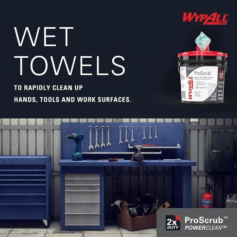 WypAll® PowerClean™ ProScrub™ Heavy Duty Wet Towels (91371), Dual Action Cleaning, X-Large 9.5" x 12" Wipes, Bucket Included (75 Sheets/Container, 6 Containers/Case, 450 Sheets/Case) in Saudi Arabia