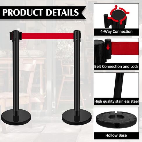 Ferraycle 8 مجموعات من الدعامات مع أحزمة قابلة للسحب بطول 6.6 قدم من الفولاذ المقاوم للصدأ للتحكم في الحشود، فواصل خط حاجز حزام قابل للسحب لعمود خط طابور الحشود، سهلة التجميع (أحمر أسود) in Kuwait