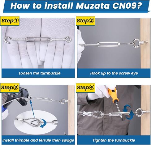 Muzata 5pack M4 هوك وعين شد الحبل لكابل سلك حبل التوتر الثقيلة T304 الفولاذ المقاوم للصدأ لسلسلة ضوء DIY صورة معلقة سلك التوتر عدة CN09 in Kuwait