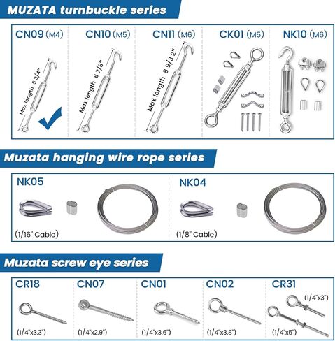 Muzata 5pack M4 هوك وعين شد الحبل لكابل سلك حبل التوتر الثقيلة T304 الفولاذ المقاوم للصدأ لسلسلة ضوء DIY صورة معلقة سلك التوتر عدة CN09 in Kuwait