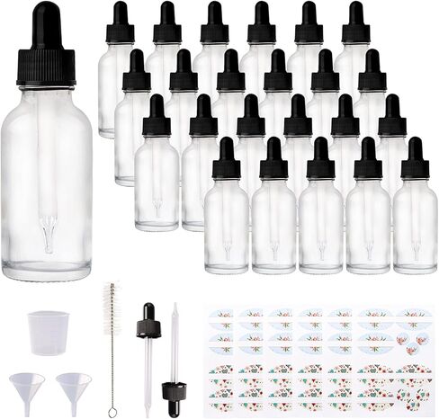 24 Pack 1oz Amber Glass Bottles with Glass Eye Droppers for Essential Oils, Perfumes & Lab Chemicals (Brush, Funnels, 2 Extra Droppers, 36 Pieces Labels & 30ml Measuring Cup Included) in Saudi Arabia