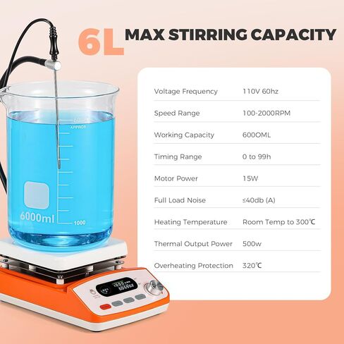 خلاط محرك مغناطيسي Bonvoisin مع لوحة LCD ومسبار درجة الحرارة وحامل دعم و6 قضبان تحريك ومسترجع 100-2000 دورة في الدقيقة بحد أقصى 6 لتر قدرة التحريك 110 فولت 500 وات in Kuwait