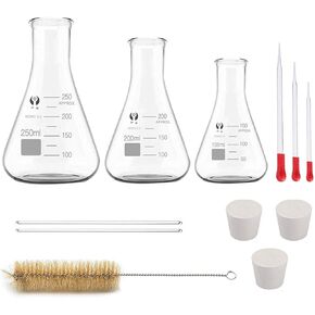 مجموعة قارورات OYIKSIC الزجاجية Erlenmeyer، 3 قطع قارورة حائط ثقيلة من زجاج البورسليكات المتدرج مع سدادة مطاطية (250 مل، 200 مل، 150 مل)، مع 3 قطع قطارة زجاجية، 2 قطعة قضيب تحريك زجاجي وفرشاة تنظيف in Kuwait