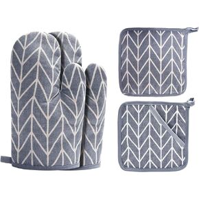 Oven Mitts and Potholders BBQ Gloves-Oven Mitts and Pot Holders with Recycled Infill Silicone Non-Slip Cooking Gloves for Cooking Baking Grilling (4-Piece Set,Grey)
