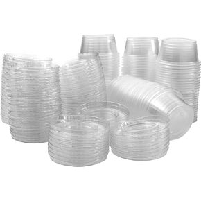 1 oz Containers with Lids | Disposable Plastic Jello Shot Cups | Small Clear Plastic Condiment Cups For Sauce, Souffle, Salad Dressing, Portion Control, Pack of 100