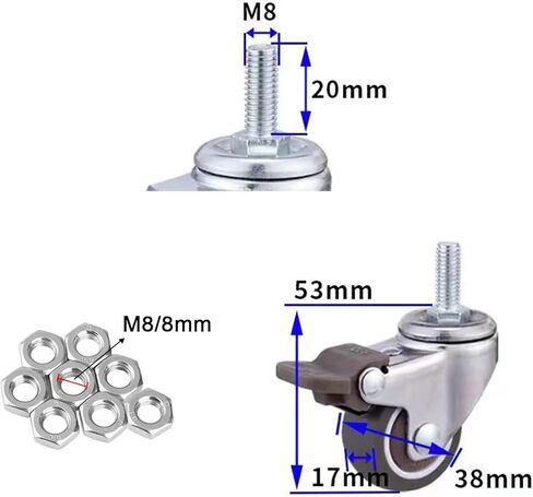 UQXY 1" Threaded Stem Casters with Brake, Heavy Duty Swivel Caster with M6x15 Threaded Stem and Nuts for Shopping Carts, Trolley, Workbench, Furniture (Pack of 4) (M6x15) (1 Inch) in Kuwait