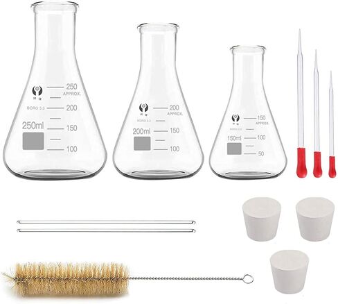 مجموعة قارورات OYIKSIC الزجاجية Erlenmeyer، 3 قطع قارورة حائط ثقيلة من زجاج البورسليكات المتدرج مع سدادة مطاطية (250 مل، 200 مل، 150 مل)، مع 3 قطع قطارة زجاجية، 2 قطعة قضيب تحريك زجاجي وفرشاة تنظيف in Kuwait