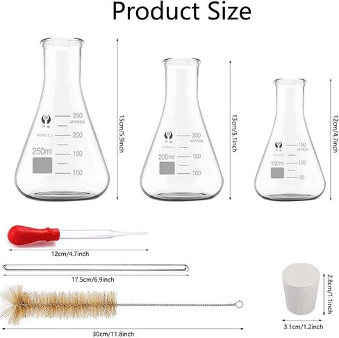 مجموعة قارورات OYIKSIC الزجاجية Erlenmeyer، 3 قطع قارورة حائط ثقيلة من زجاج البورسليكات المتدرج مع سدادة مطاطية (250 مل، 200 مل، 150 مل)، مع 3 قطع قطارة زجاجية، 2 قطعة قضيب تحريك زجاجي وفرشاة تنظيف in Kuwait