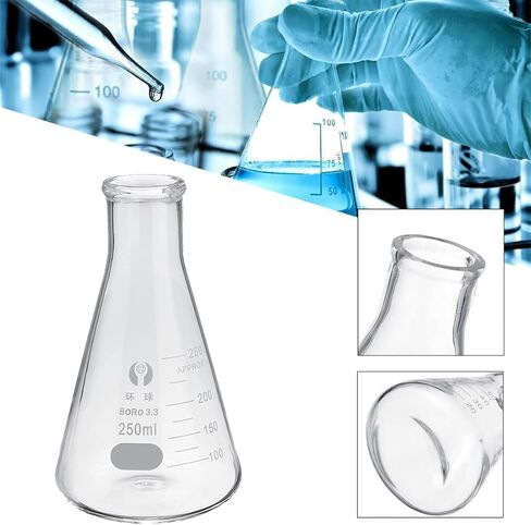 مجموعة قارورات OYIKSIC الزجاجية Erlenmeyer، 3 قطع قارورة حائط ثقيلة من زجاج البورسليكات المتدرج مع سدادة مطاطية (250 مل، 200 مل، 150 مل)، مع 3 قطع قطارة زجاجية، 2 قطعة قضيب تحريك زجاجي وفرشاة تنظيف in Kuwait