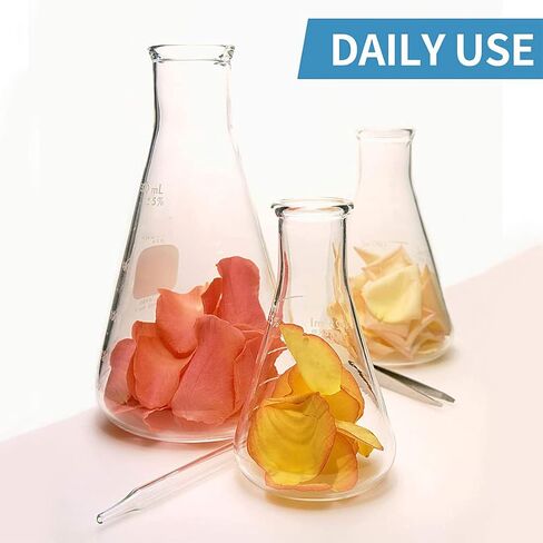 مجموعة قارورات OYIKSIC الزجاجية Erlenmeyer، 3 قطع قارورة حائط ثقيلة من زجاج البورسليكات المتدرج مع سدادة مطاطية (250 مل، 200 مل، 150 مل)، مع 3 قطع قطارة زجاجية، 2 قطعة قضيب تحريك زجاجي وفرشاة تنظيف in Kuwait