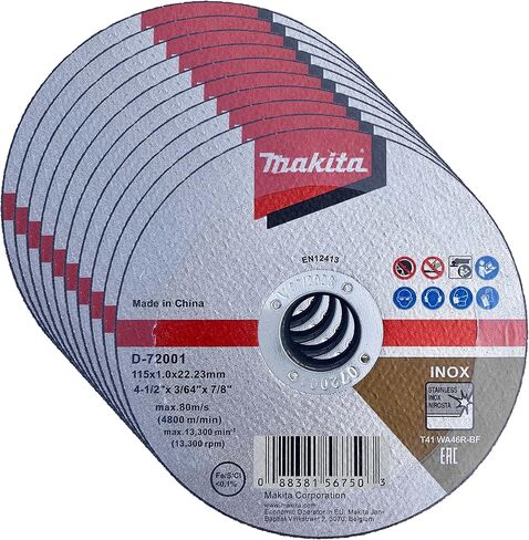 ماكيتا 10 عبوات - عجلات مقطوعة للمطاحن مقاس 4.5 بوصة - قطع شديد العدوانية للفولاذ المقاوم للصدأ والمعادن - 4-1/2 بوصة × .045 بوصة × 7/8 بوصة in Kuwait