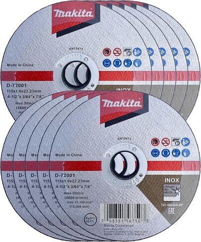 ماكيتا 10 عبوات - عجلات مقطوعة للمطاحن مقاس 4.5 بوصة - قطع شديد العدوانية للفولاذ المقاوم للصدأ والمعادن - 4-1/2 بوصة × .045 بوصة × 7/8 بوصة in Kuwait