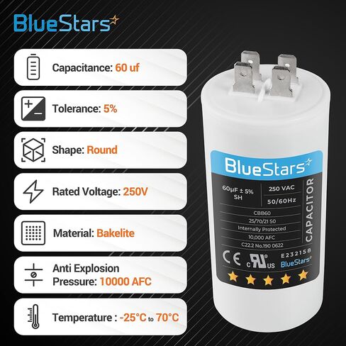 60uf CBB60 250 Volt Dual Round Capacitor Replacement Part by BlueStars - Exact Fit for Start-up of AC Motors with Frequency of 50Hz/60Hz in Saudi Arabia