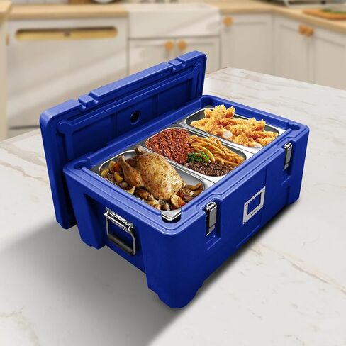 حامل أوعية الطعام المعزول من بليرين، صندوق ساخن 32 لتر / 30 لتر لتقديم الطعام، سخانات الحساء التجارية مع 3 مقالي من الفولاذ المقاوم للصدأ، سخان الطعام مع 4 أبازيم ومقبضين للمطعم والمقصف والمنزل، أزرق in Kuwait