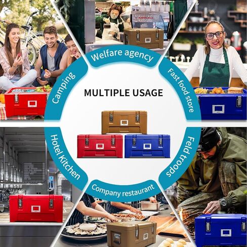 حامل أوعية الطعام المعزول من بليرين، صندوق ساخن 32 لتر / 30 لتر لتقديم الطعام، سخانات الحساء التجارية مع 3 مقالي من الفولاذ المقاوم للصدأ، سخان الطعام مع 4 أبازيم ومقبضين للمطعم والمقصف والمنزل، أزرق in Kuwait