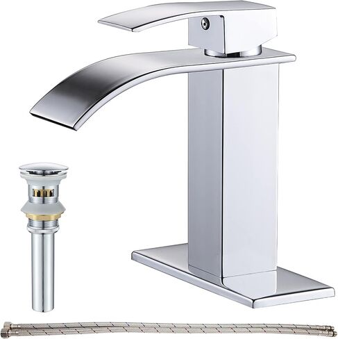Waterfall Single Handle Bathroom Vanity Sink Faucet with Metal Pop-up Drain, Brushed Nickel Finish in Kuwait