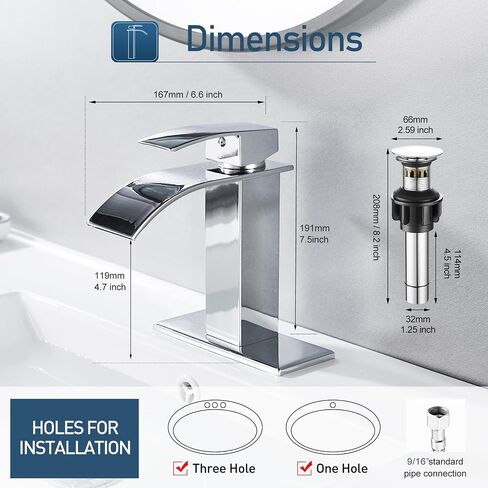 Waterfall Single Handle Bathroom Vanity Sink Faucet with Metal Pop-up Drain, Brushed Nickel Finish in Kuwait