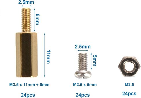 MMOBIEL 24 Pieces M2.5 (11mm Body + 6mm Screw) Hex Brass Standoff Cylinders + Screws + Nuts for Raspberry Pi Series Minicomputer Electronic Circuit Boards Incl (+) Screwdriver in Saudi Arabia