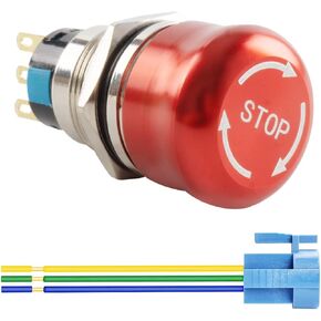 Paialu 22mm Emergency Stop Push Button Switch, 3 Pin Latching Stainless Steel Metal 1NO 1NC Pushbutton Switches with Connection Plug - 7/8" Mouting Hole Emergency Push Button Swicth (22MM) in Kuwait