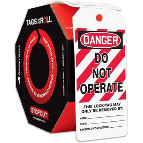 علامة قفل صفائح Accuform MLT400LTP HS، Legend "Danger DO NOT Operate"، طول 5.75 بوصة × عرض 3.25 بوصة × سمك 0.024 بوصة، أحمر/أسود على أبيض (عبوة من 25 قطعة)