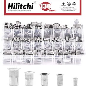 Hilitchi 304 Stainless Steel M3 M4 M5 M6 M8 M10 Flat Head Rivet Nut Threaded Rivetnut Insert Nutsert Assortment Kit (180Pcs, Metric)