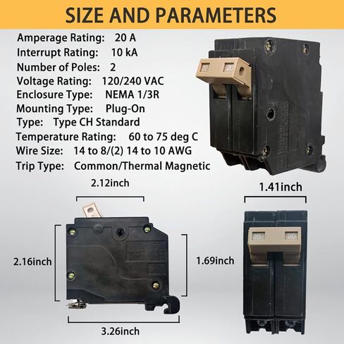 قاطع دائرة CH220 ثنائي القطب 20 أمبير، قاطع دائرة مصبوب من النوع CH 3/4 بوصة، حماية مغناطيسية حرارية، 10 KAIC، 120/240 فولت، مناسب لمراكز تحميل مطرقة كاتلر (ضمان 5 سنوات) in Kuwait