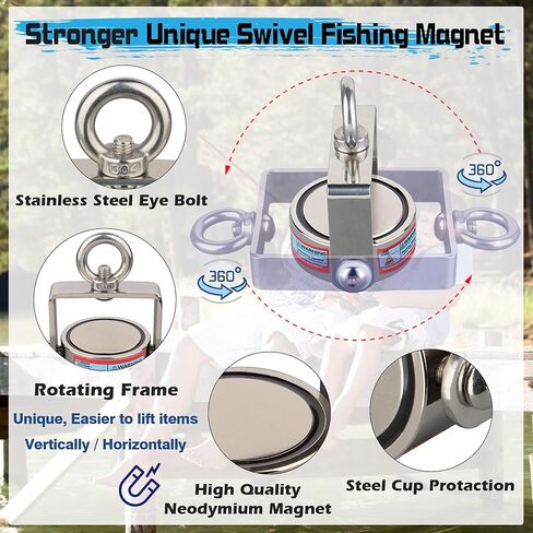 مجموعة مغناطيس الصيد القوية من ULIBERMAGNET، مغناطيس نيوديميوم قابل للدوران، مغناطيس صيد مزدوج الجانب مع حبل، قوة سحب مجتمعة 1200 رطل للإنقاذ والاسترجاع والرفع في النهر والشاطئ والعشب in Kuwait