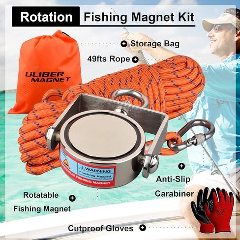 مجموعة مغناطيس الصيد القوية من ULIBERMAGNET، مغناطيس نيوديميوم قابل للدوران، مغناطيس صيد مزدوج الجانب مع حبل، قوة سحب مجتمعة 1200 رطل للإنقاذ والاسترجاع والرفع في النهر والشاطئ والعشب in Kuwait