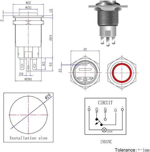 Ulincos® مفتاح ضغط على زر U19C2 1NO1NC SPDT تشغيل/إيقاف غلاف معدني أسود مع حلقة LED زرقاء مناسبة لفتحة تركيب 19 مم 3/4 بوصة (أزرق) in Kuwait