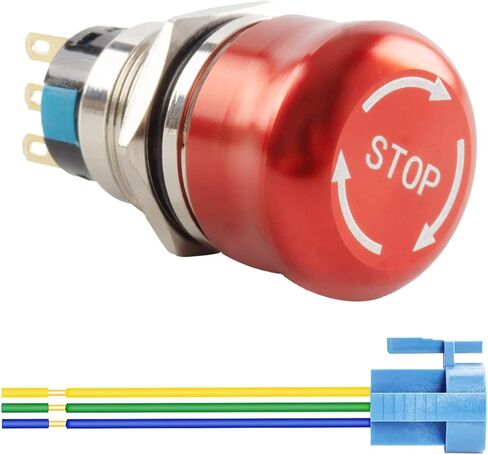 Paialu 22mm مفتاح ضغط إيقاف الطوارئ، 3 دبابيس من الفولاذ المقاوم للصدأ معدني 1NO 1NC مفاتيح ضغط مع قابس توصيل - فتحة تثبيت 7/8 بوصة زر ضغط للطوارئ (22 مم) in Kuwait