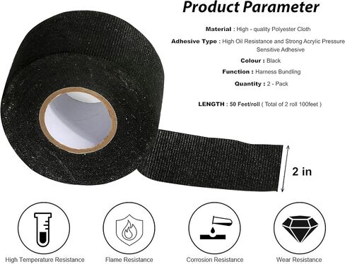 شريط تسخير الأسلاك عالي الحرارة من لاصق X 2Roll - شريط قماشي متين لأسلاك السيارات - الحماية والعزل وتخميد الضوضاء وتثبيت الكابل، 2 بوصة × 50 قدم - مقاومة لدرجات الحرارة العالية in Kuwait