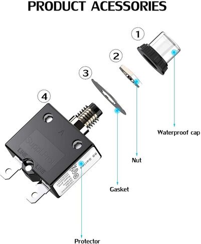قاطع الدائرة الحرارية DIYhz، 98 سلسلة 40 أمبير 125/250 فولت تيار متردد، زر إعادة ضبط قاطع الدائرة مع أطراف توصيل سريعة وغطاء زر مقاوم للماء، قاطع دائرة الحمل الزائد الحراري 32 فولت تيار مستمر - 40 أمبير، قطعتان in Kuwait
