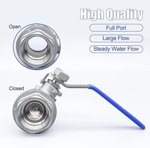 1/2 Inch Ball Valve, Premium 304 Stainless Steel Full Port Forged NPT Ball Valve for Water Oil and Gas with Long Handle Shut Off Switch, 1000 WOG (2, FNPT x FNPT 1/2") in Kuwait