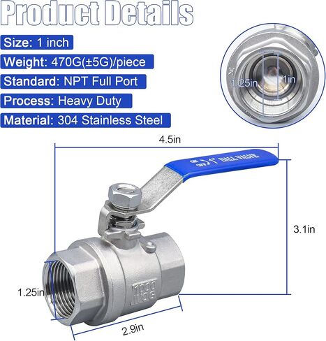 1/2 Inch Ball Valve, Premium 304 Stainless Steel Full Port Forged NPT Ball Valve for Water Oil and Gas with Long Handle Shut Off Switch, 1000 WOG (2, FNPT x FNPT 1/2") in Kuwait