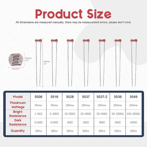 Hilitchi 210Pcs LDR 5mm Light Dependent Resistor LDR Sensor Photoresistor Photoconductive Resistance 5506, 5516, 5528, 5537, 5537-2, 5539, 5549 in Saudi Arabia