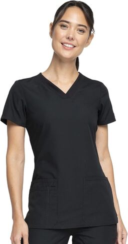 V-Neck Womens Scrubs Top Workwear Originals with Rib-Knit Back Panels WW645, M, Black in Kuwait