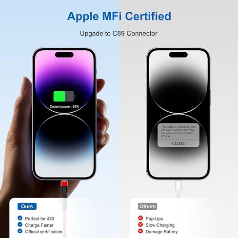CyvenSmart (2 Pack) Long iPhone Charger 10ft for [MFi Certified], 10 Foot Lightning Cable Fast Charging Cord 10 Feet for iPhone 14/13/12/11/11 Pro/11 Pro Max/XS/XS Max/XR/X/8/8 Plus/7/7 Plus/6 Plus in Kuwait