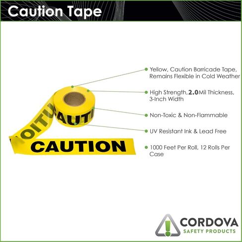 حزمة كبيرة من Cordova T15101، شريط حاجز تحذير أصفر 1.5 مل، 3 بوصات × 1000 قدم، 12 عبوة in Kuwait